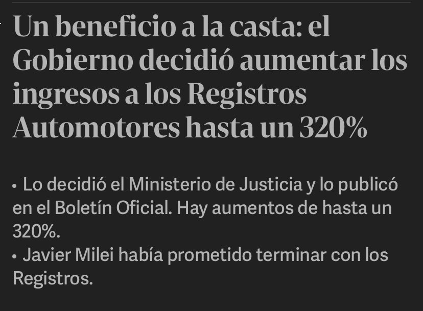 El problema es cuando las promesas no van de la mano con las acciones. No tocaron ni cambiaron nada: los Registros siguen ganando fortunas. La casta con Milei está feliz. clarin.com/politica/benef…