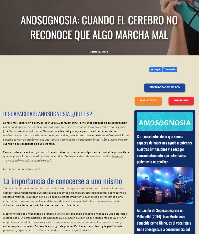 🔶| ANOSOGNOSIA: CUANDO EL CEREBRO NO RECONOCE QUE ALGO MARCHA MAL
DISCAPACIDAD: ANOSOGNOSIA ¿QUE ES?
“Yo no sabré vivir así, no sabré vivir así”.

Me parece un preludio terrible.
➡ Accede al artículo: discapacidad.tv/blog/anosognos…