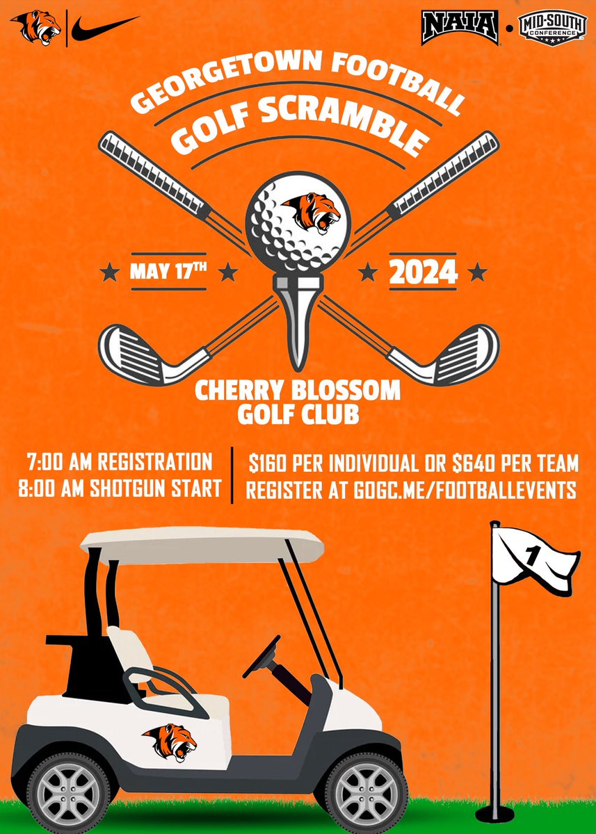 Online registration for our annual Tiger Football golf outing is now open!⛳️ Get your 4 person team together and let’s enjoy a day of golf while supporting the Tigers on May 17th at Cherry Blossom Golf Club!🐅 🔗: engage.georgetowncollege.edu/portal/footbal…