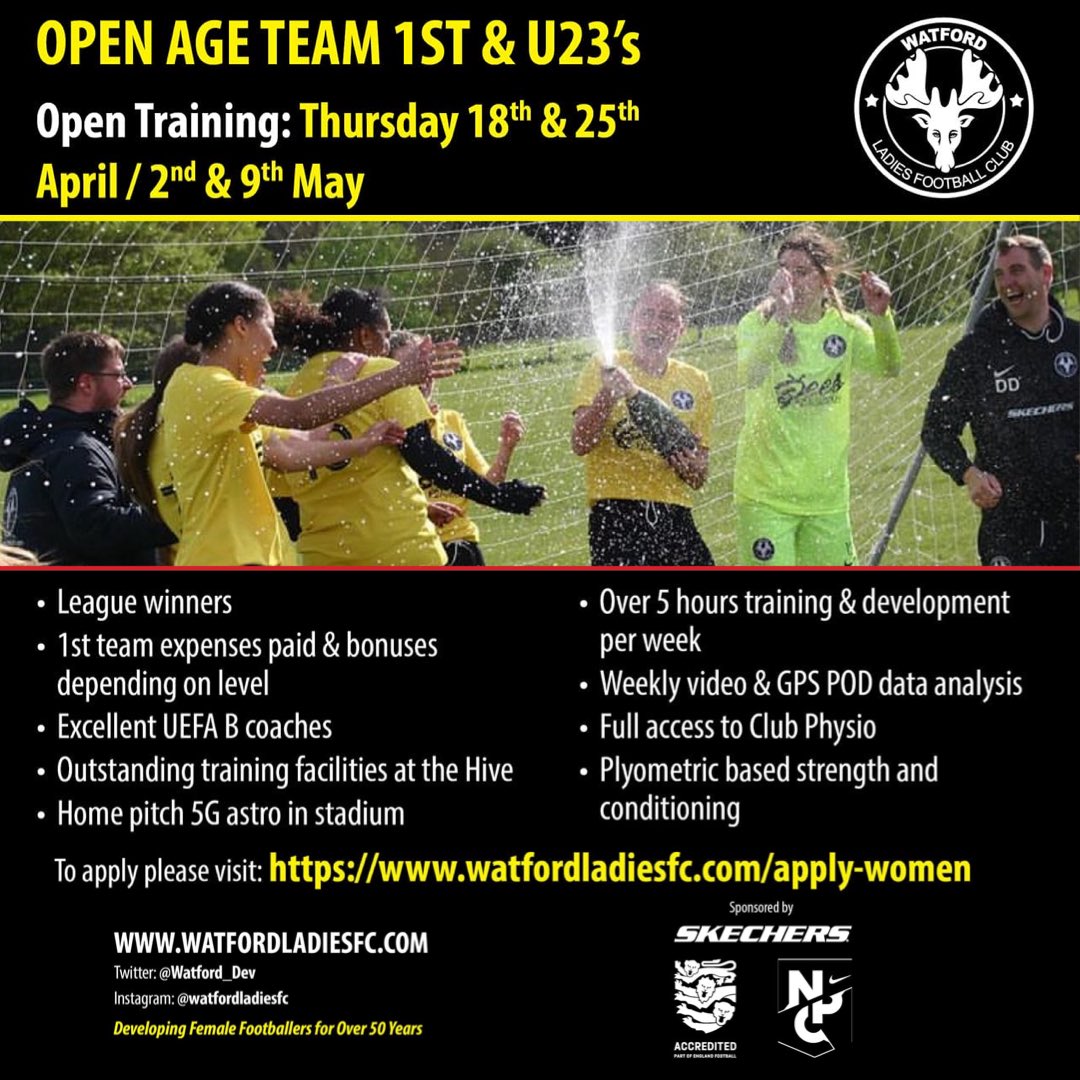 Don’t miss the opportunity to join our open training. ⚽️ Click this link to apply -> watfordladiesfc.com/apply-women #watfordladiesfc #watfordladiesyouth #football #womensfootball #ladiesfootball #soccer #hergametoo #shecanplay #statsports #skechers #Queenssportsacademy #QueensSch_