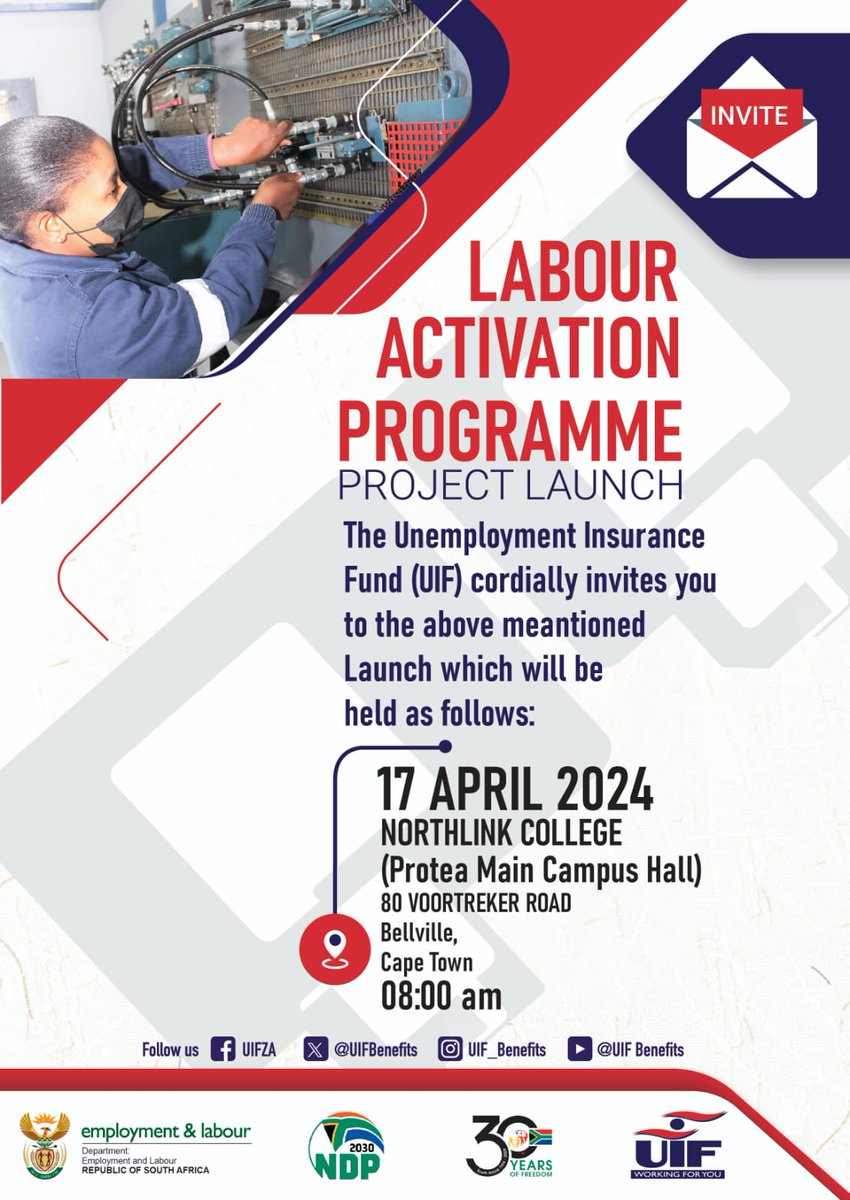 [MEDIA ALERT]
Minister TW Nxesi of @deptoflabour together with @UIFBenefits will be launching the #UIF's Labour Activation Program #LAP tomorrow (17/04).

#MinisterThulasNxesi
#DEL
#UIF
#LAP
#WorkingForYou
#TakingServicesToThePeople