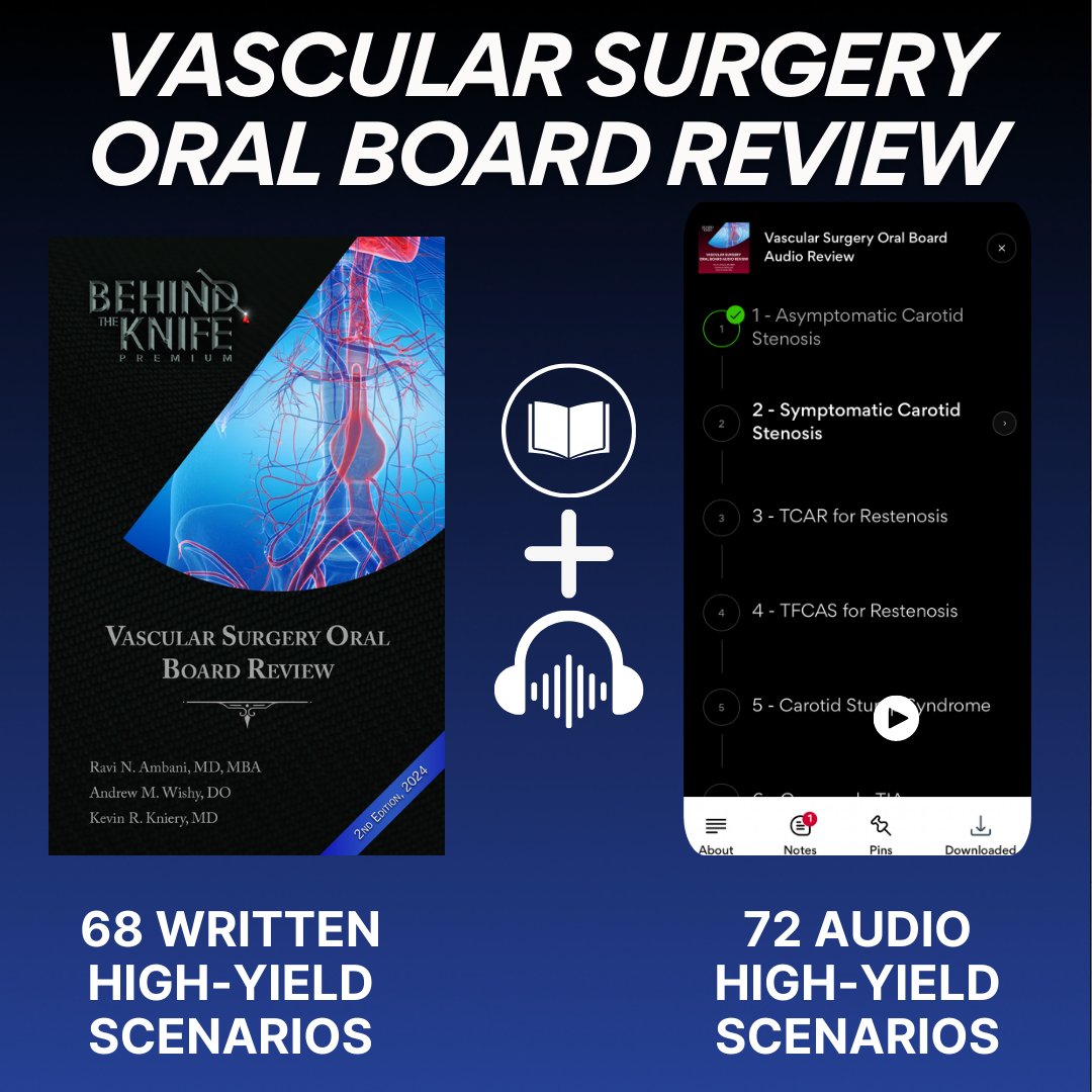 ARE YOU READY FOR VASCULAR BOARDS? Our audio review has 72 high-yield scenarios covering key VSCORE topics: app.behindtheknife.org/premium/vascul…… The 2nd edition of our text has 68 up-to-date scenarios for you to learn from: shorturl.at/egtC4 @AndrewWishy @RaviNAmbani @Kniery_Bird