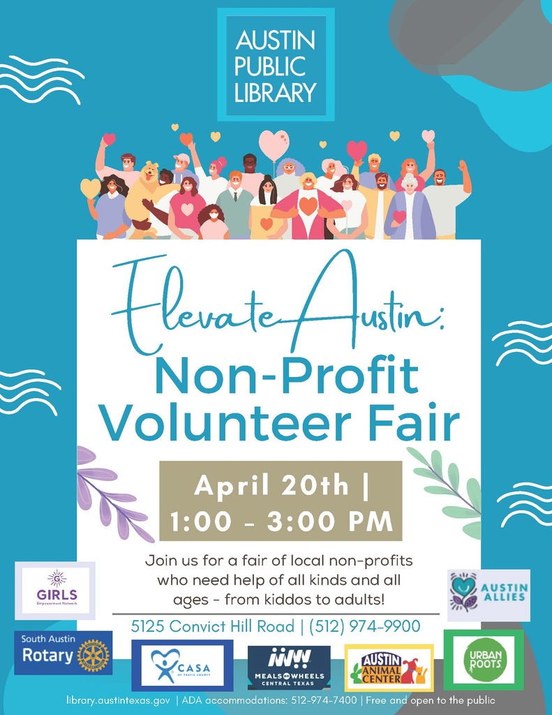 Looking for a way to give back to your community? Join us Saturday for a volunteer fair at Austin Public Library Hampton Branch at Oak Hill! 🕔️ Saturday April 20th, 1-3 pm 📍 Hampton Branch at Oak Hill - 5125 Convict Hill Rd Learn more: bit.ly/3xycoAM