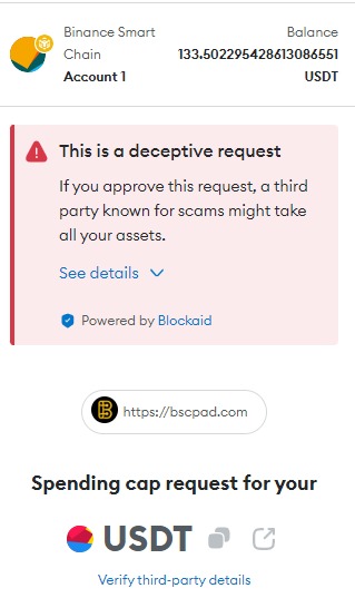 SeumpTrust's tweet photo. @BlueZillaVc  @BSCPad 
I am getting this warning when I tried to Approve my allocated funds for the #Catamoto project.
Any suggestions? https://t.co/k1kAPNvQuq