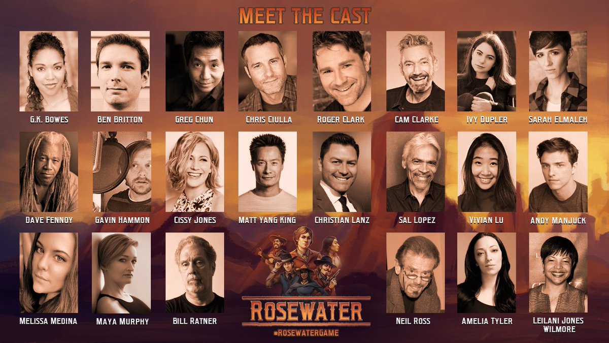 It seems #VoiceActors is trending, so here's your periodic reminder that the cast of my upcoming adventure game ROSEWATER is absolutely stacked!