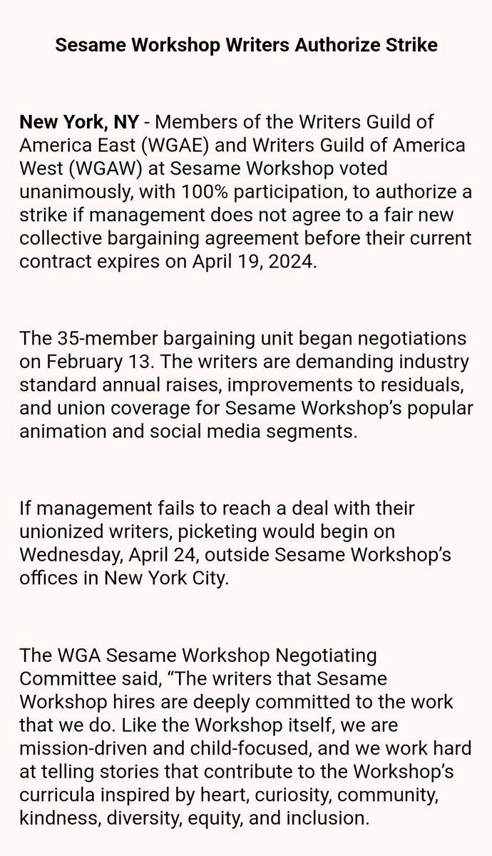 Sesame Street writers authorize strike, picketing could begin next Wednesday