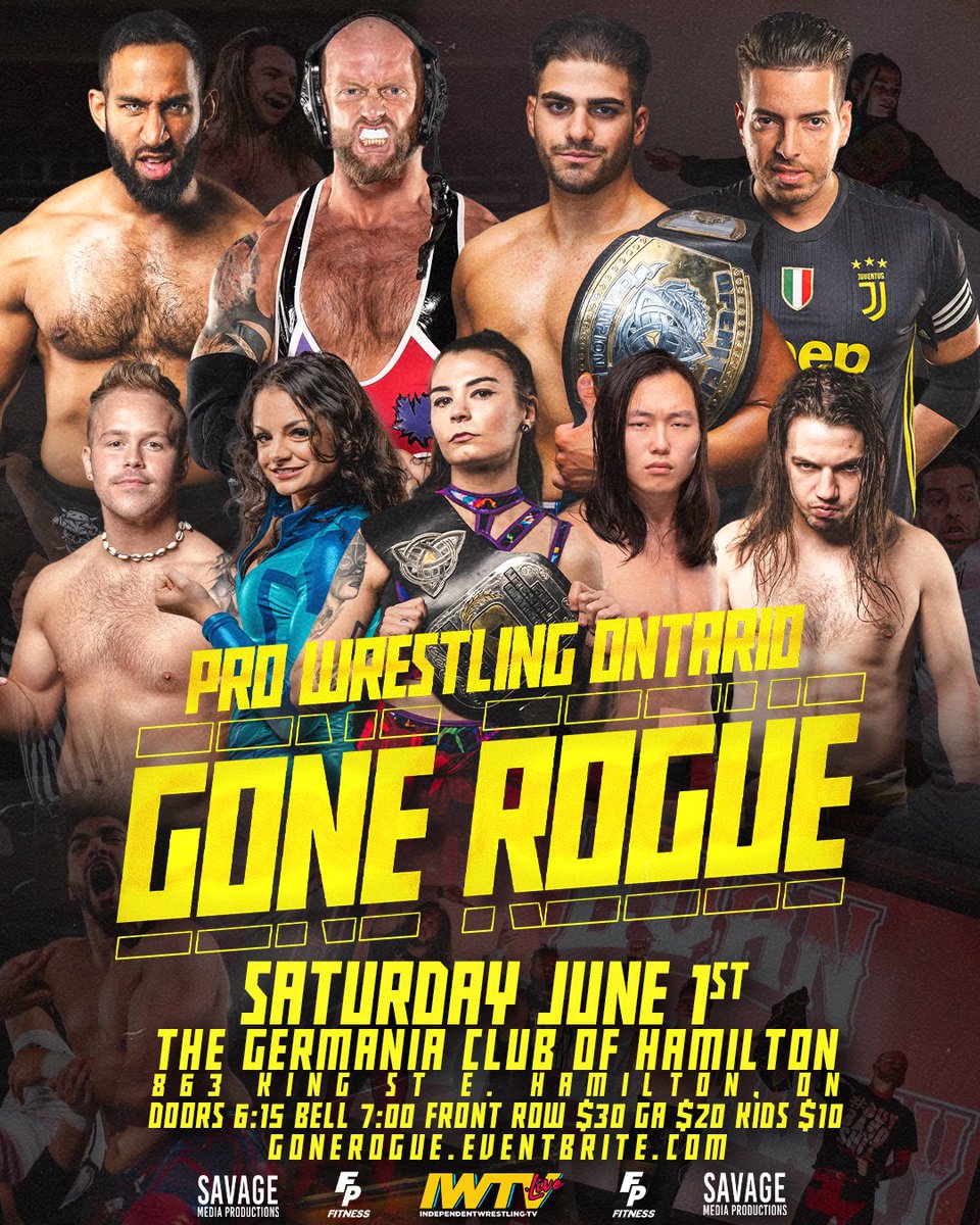 🌐#EVENTANNOUNCEMENT🌐 June 1st Pro Wrestling Ontario returns with #GONEROGUE! Featuring @Jonny_Deluca @Walking_Weapon @delbruno7 @TARIKhatesyou @krystalmoon_pw @ItsAlexiaNicole @The_TravisMoore @TheKyleBoone @MyungJae98 & More! Tickets On Sale Now via gonerogue.eventbrite.com