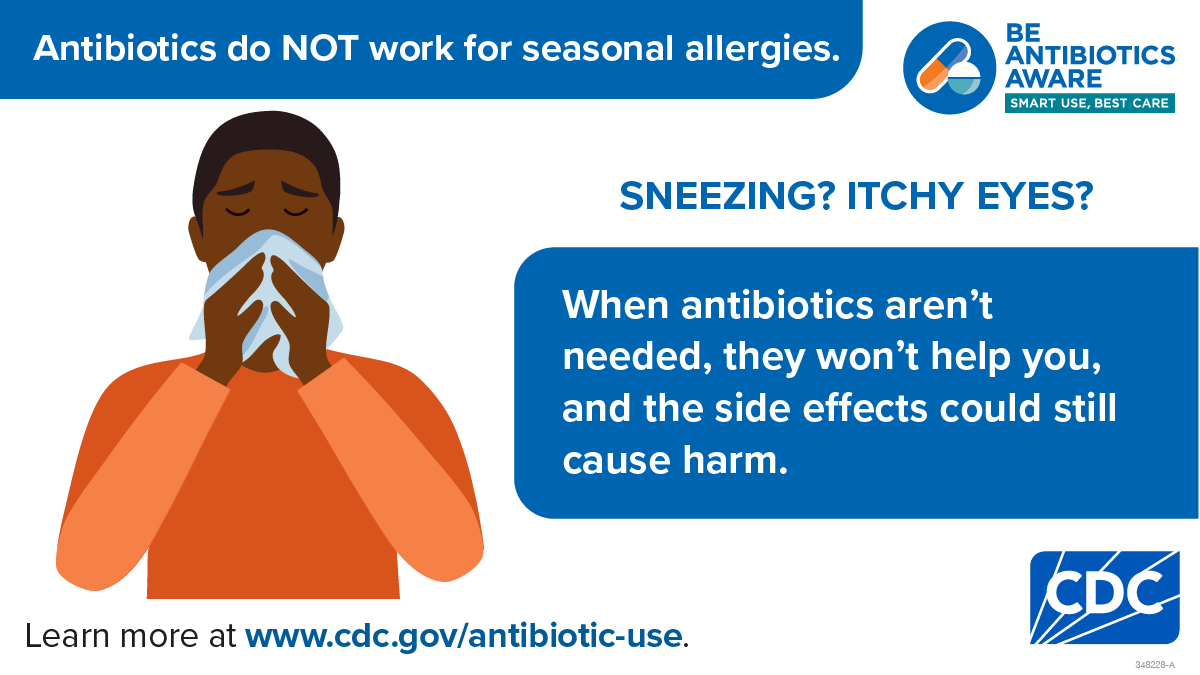 Sometimes it can be difficult to tell whether your symptoms are from seasonal allergies, a common cold, or a bacterial infection. 🤧 Learn more about what #antibiotics do and do not treat. bit.ly/4cBk4Ch #BeAntibioticsAware