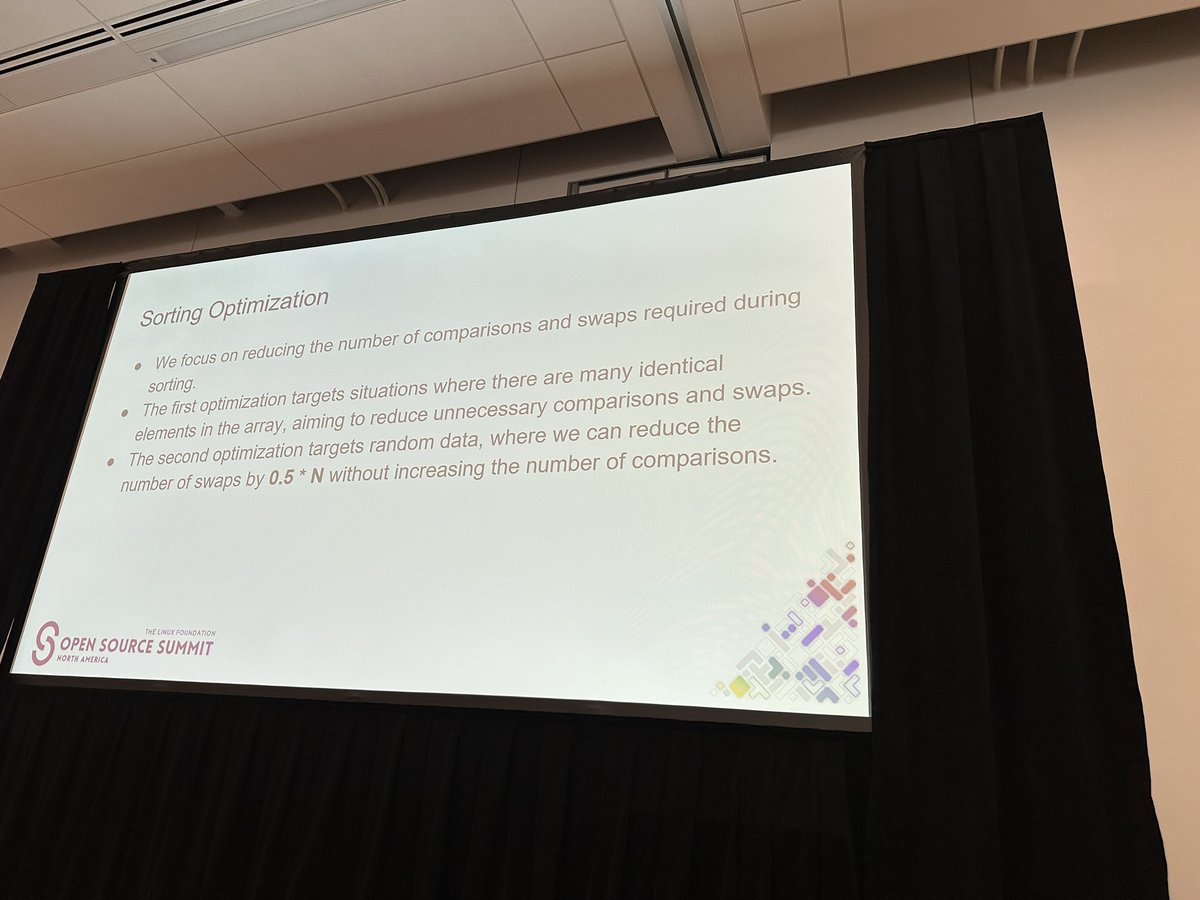 In a @LinuxFoundation #OSSummit talk, Kuan-Wei Chiu demonstrated more efficient data structures the #Linux kernel could use—rather than the standard min heap —to reduce string comparisons in half & reduce swaps by 0.5 * N. The kernel Library Code sorely needs more work/ testing