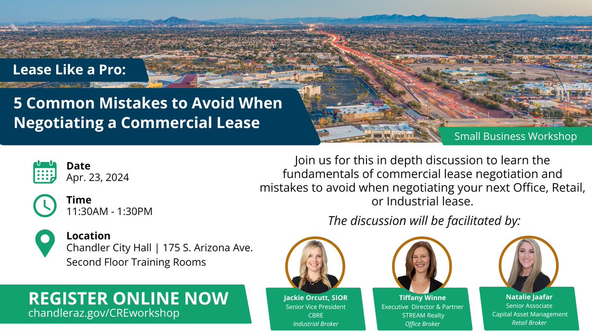 Interested in learning more about the ins and outs of commercial leasing & gaining insight on how to effectively negotiate your next office, retail, or industrial lease? Join us next week for a FREE small business workshop! Learn more & register today! 🔗chandleraz.gov/events/lease-p…