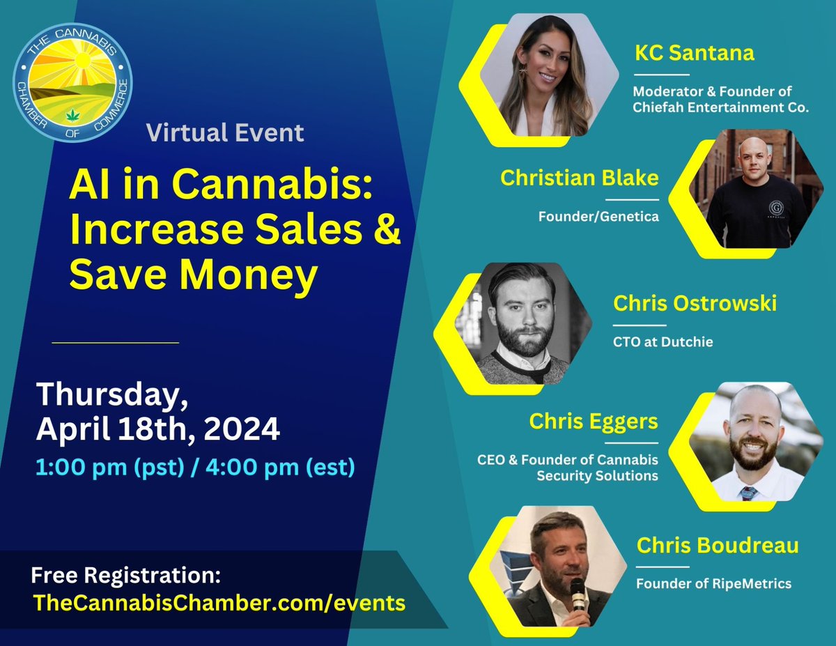 RipeMetrics's tweet image. 🍊It’s not too late to sign up for this AI virtual event on Thursday at 1pm (pst)! Our founder @subtleboudreau will be speaking at the event &amp;amp; you can register for free on TheCannabisChamber.com/events 🍊
#AI #virtualevent #speaker #RipeMetrics #Cannabis #ArtificialIntelligence