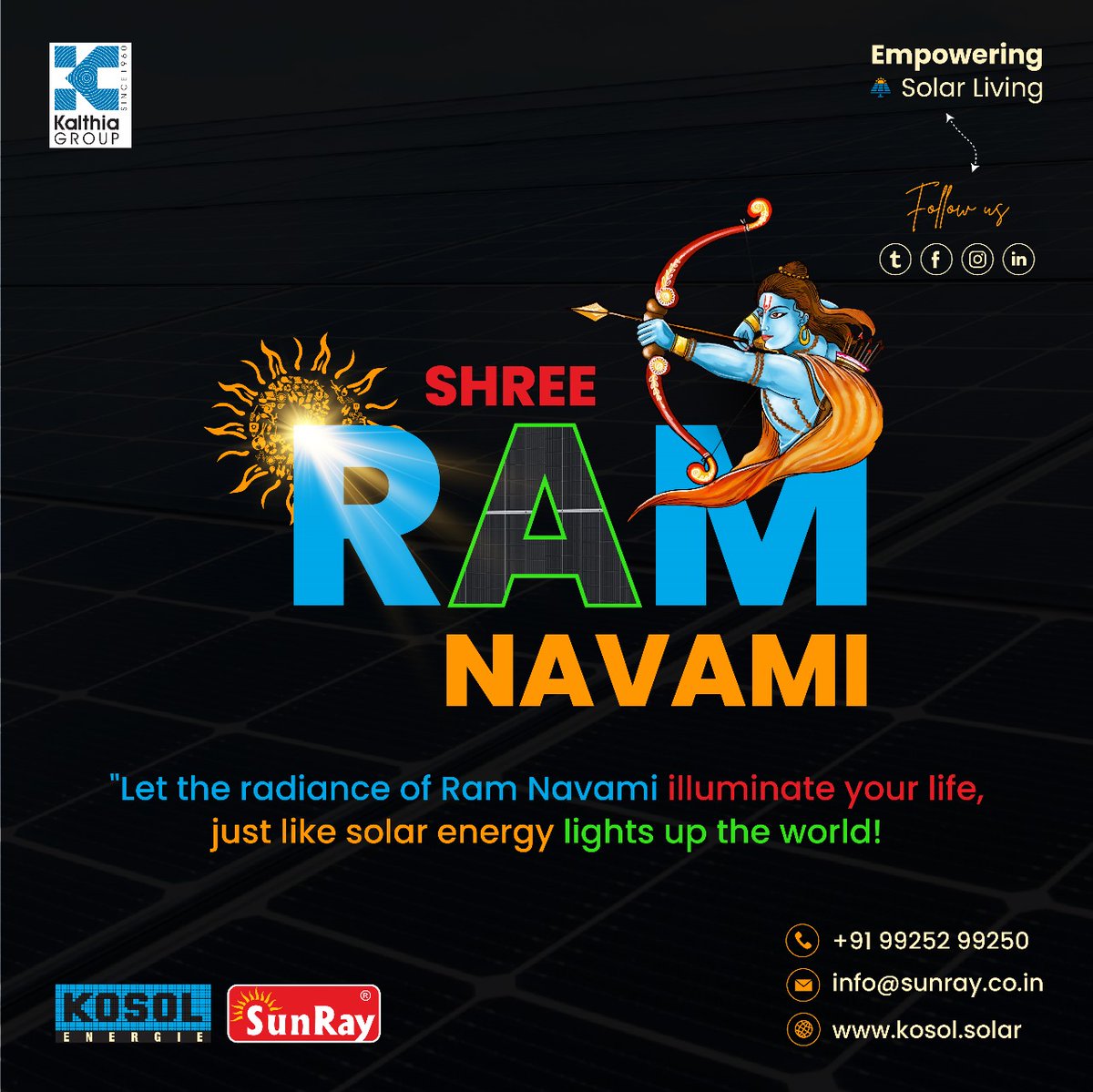 'Happy Ramnavmi! May the light of Lord Rama shine upon you, powered by Kosol Energie's solar panels. Wishing you a bright and sustainable future!'
#intersolar #SolarPower #solarenergy 
#solarpannels #solarmodules #solarcells #solarindustry #solarinnovation #solarinverter #Solar