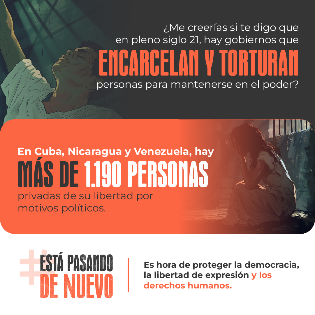 ¡Únete por todas las voces que los regímenes autoritarios de #Cuba 🇨🇺, #Nicaragua 🇳🇮 y #Venezuela 🇻🇪 han silenciado!

#EstáPasandoDeNuevo #ElPasadoVolvióAlPresente
