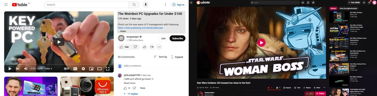 Here's the new YouTube UI on the left 🤮 Compared with the simplicity of the Odysee UI on the right ❤️