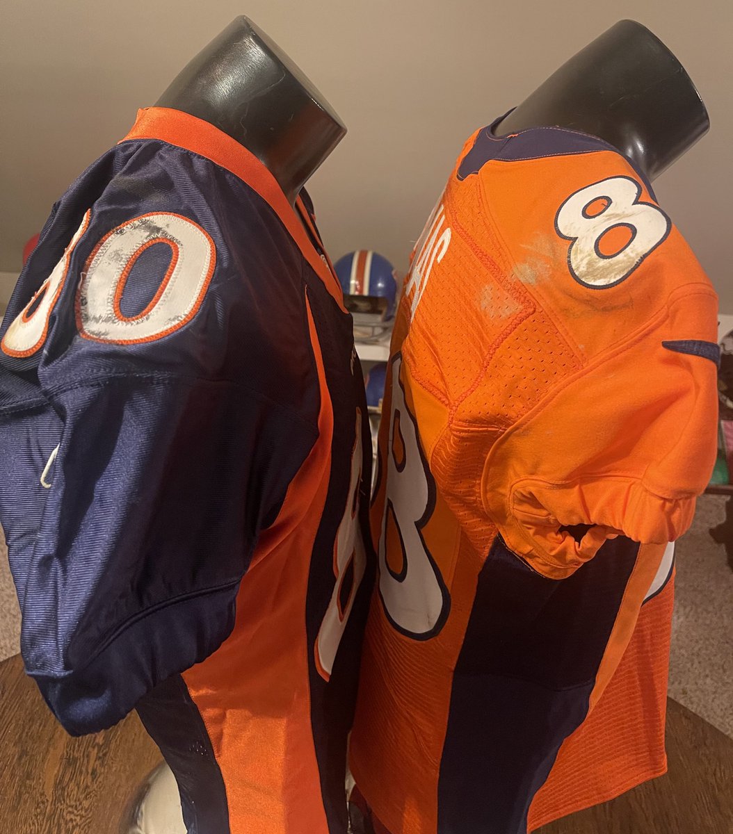 In 2012 the @Broncos went back to Orange as their primary color.  The jersey on the left was worn in 2004, the jersey on the right in 2012.  #BroncosCountry