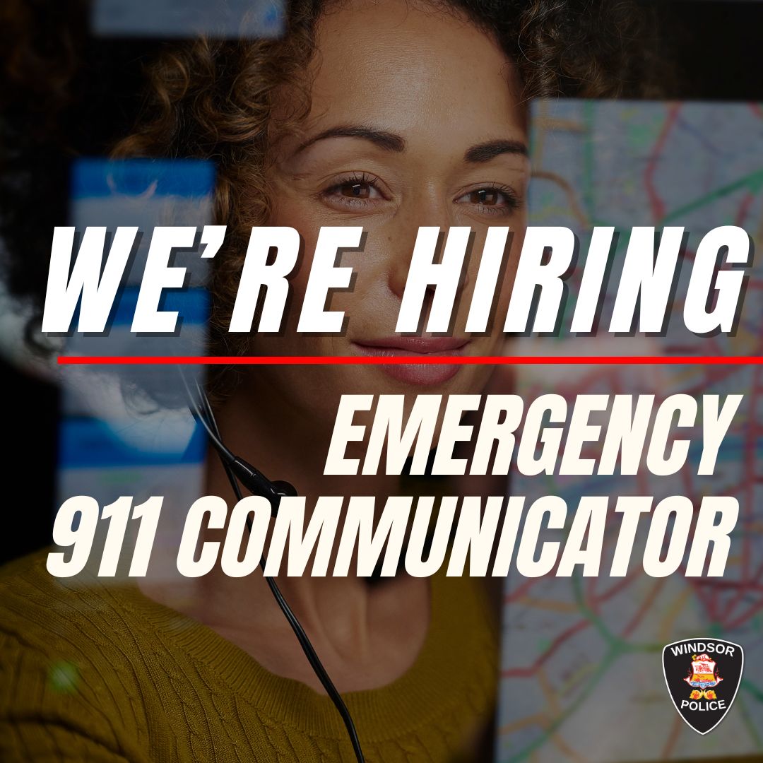 We’re hiring for the position of E911 Communicator!

Learn more and apply on our website: joinwindsorpolice.ca

The application deadline is 12 p.m. on Wednesday, May 1, 2024.