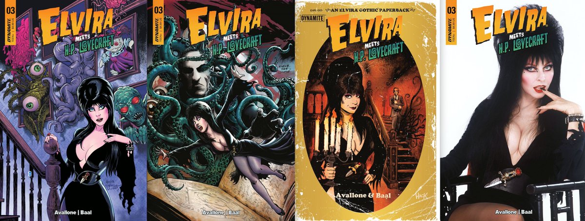 Wednesday, April 17th! Issue Four of ELVIRA MEETS HP LOVECRAFT: The Ms. In The Strange High House Elvira and HP go to the crumbling mansion of October Grendel, (fictional) posthumous publisher and colleague of Lovecraft, who may possess the last true copy of the Necronomicon!