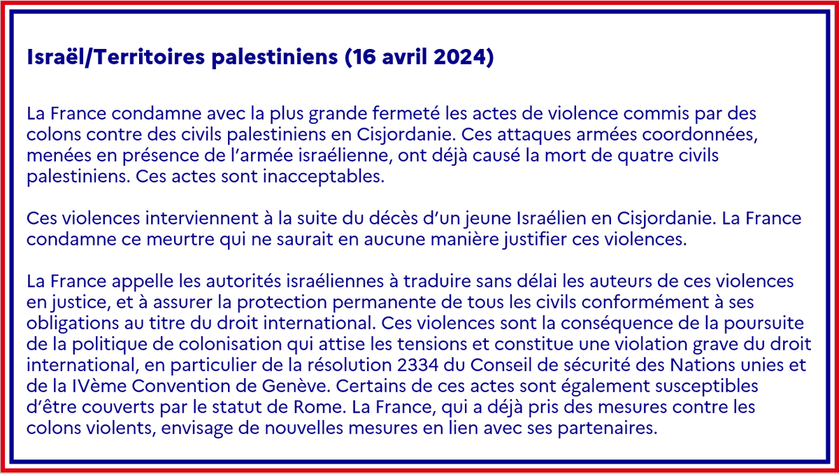 #Israël #Territoirespalestiniens | La France condamne avec la plus grande fermeté les actes de violences commis par des colons contre des civils palestiniens en Cisjordanie. Déclaration intégrale ➡️ fdip.fr/fdOMNk1w