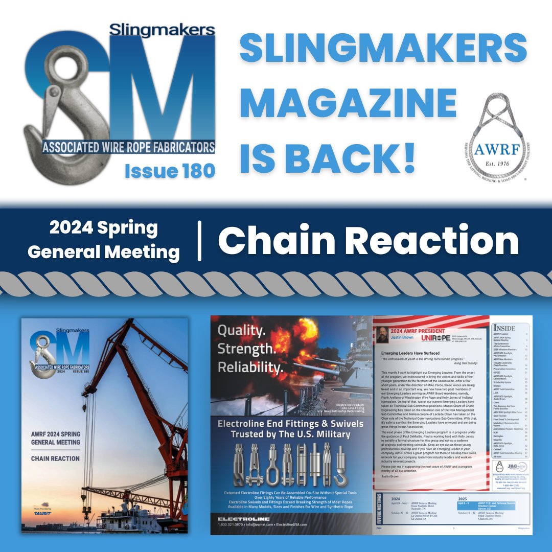 Your favorite lifting and rigging magazine is back in action! Slingmakers is your source for the latest industry news and information about AWRF. Issue Number 180 - 2024 AWRF.org/Slingmakers-Ma… #Lifting #WireRope #Rigging #SlingmakersMagazine