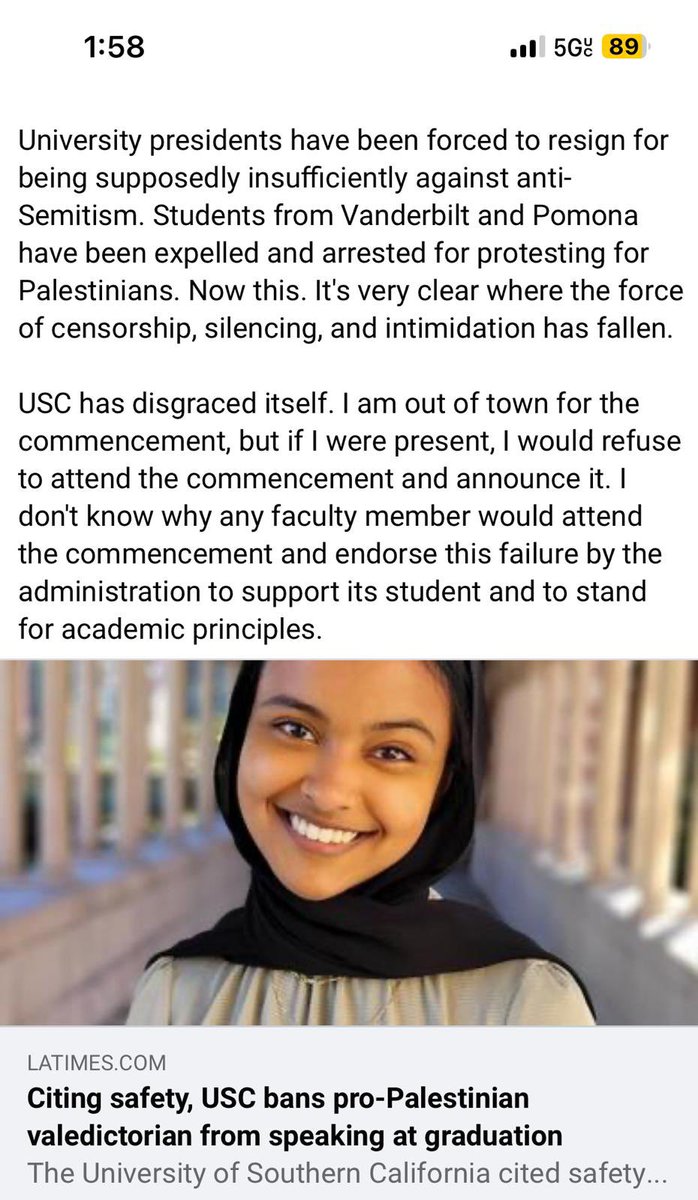 Principled & powerful statement from #VietThanhNguyen - Pulitzer Prize winner, MacArthur Genius, and Professor of English and American Studies and Ethnicity at USC about the silencing of USC valedictorian & South Asian American senior, Asna Tabassum