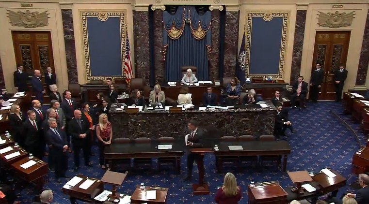 jamiedupree's tweet photo. Rep. Mark Green R-TN with a flub as he finishes presenting the Mayorkas impeachment articles on the Senate floor, addressing the chair as "Mr. President."

"That would be Madam President," sternly said Sen. Patty Murray D-WA, the President Pro Tempore of the Senate. https://t.co/KDm2WPo3ev