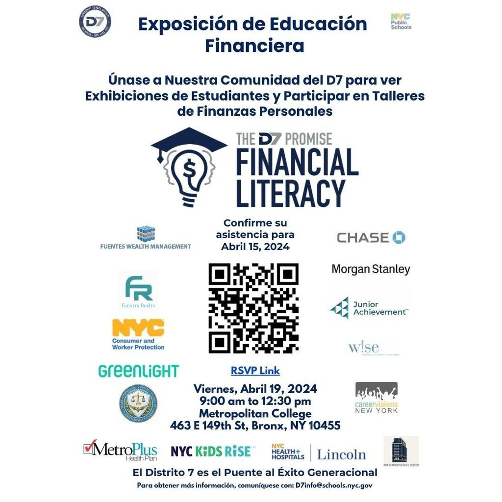 Join us at the D7 First Financial Literacy Expo!  Don't miss this opportunity to learn and grow in financial literacy! @csd7bx @nycschools @drrpadilla #ibelieveind7 #readyfortheworld #d7promise #FinancialLiteracyExpo #motthaven