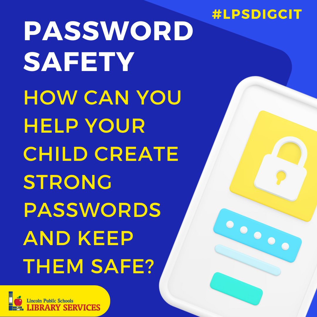 LibraryServ_LPS's tweet photo. Teaching kids about password safety is crucial in today's digital world! Start early: emphasize strong passwords, never share them with friends, and always verify the authenticity of websites before entering any personal information. Learn more: https://t.co/sdY3ylPZkk #lpsdigcit https://t.co/Gok0esG7Ve