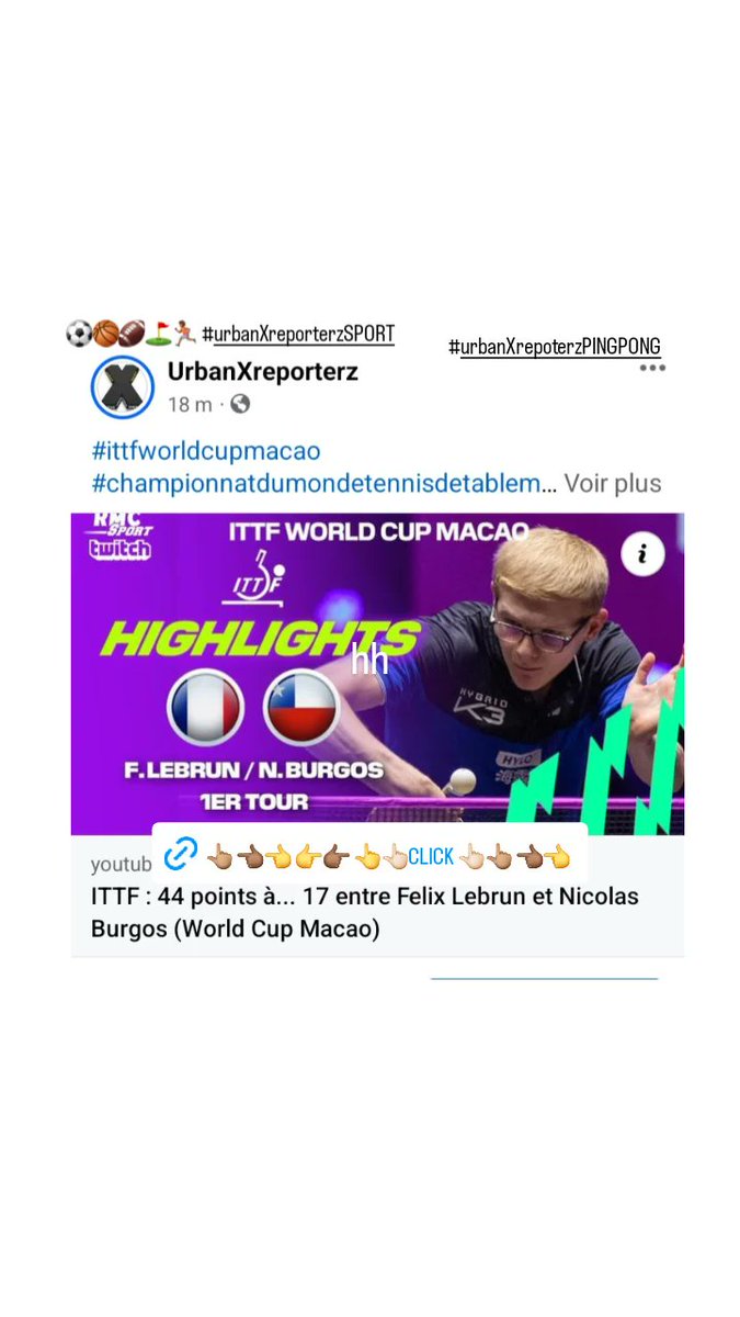 #ittfworldcupmacao 
#championnatdumondetennisdetablemacao
#pingpong
#FelixLebrun vs #NicolasBurgos

Salut les amiZZz 😀
#urbanXreporterzSPORT

 #urbanXreporterz 

#pingpong #tennisdetable #activitéphysique #sportif

facebook.com/share/p/ohVM9j…