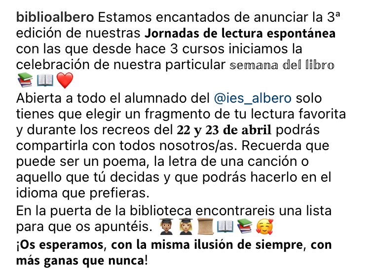 biblioalbero's tweet photo. ¡Y vamos por la III edición de las  𝗝𝗼𝗿𝗻𝗮𝗱𝗮𝘀 𝗱𝗲 𝗹𝗲𝗰𝘁𝘂𝗿𝗮 𝗲𝘀𝗽𝗼𝗻𝘁𝗮́𝗻𝗲𝗮! 👏🏼👏🏼👏🏼#bibliotecasescolares #somosiesalbero #semanadellibro #educacionpublicadecalidad https://t.co/9XuWcL4BlP