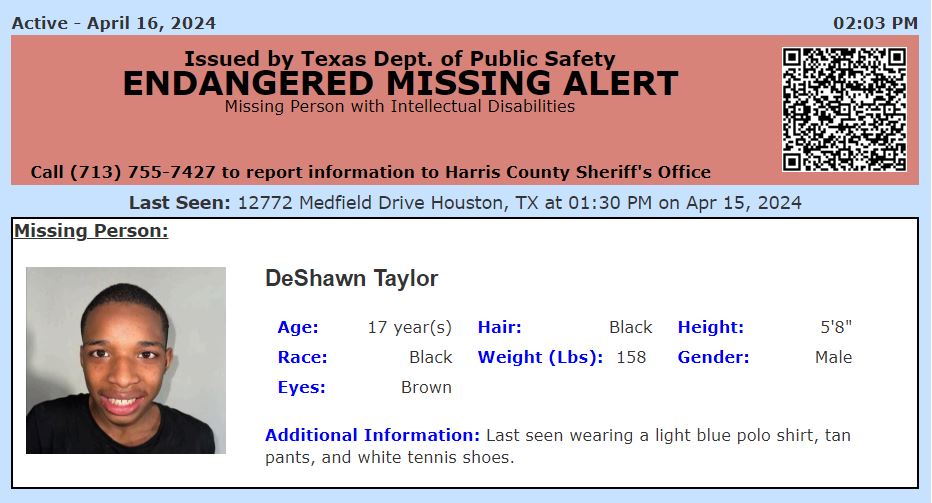 ACTIVE ENDANGERED MISSING ALERT for DeShawn Taylor from Houston, TX, on 04/16/2024