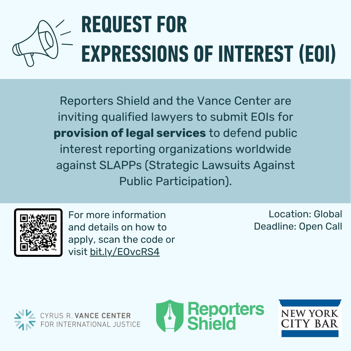 📢OPEN CALL: EOIs📢 @ReportersShield seeks qualified lawyers and/or firms to help defend public interest reporting organizations from threats. We invite eligible lawyers to indicate their interest in providing these services. More info and guidelines: vancecenter.org/wp-content/upl…