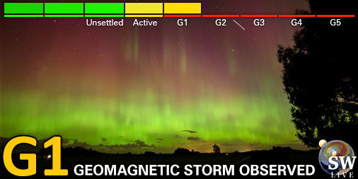 Minor G1 geomagnetic storm (Kp5) Threshold Reached: 19:10 UTC Follow live on spaceweather.live/l/kp