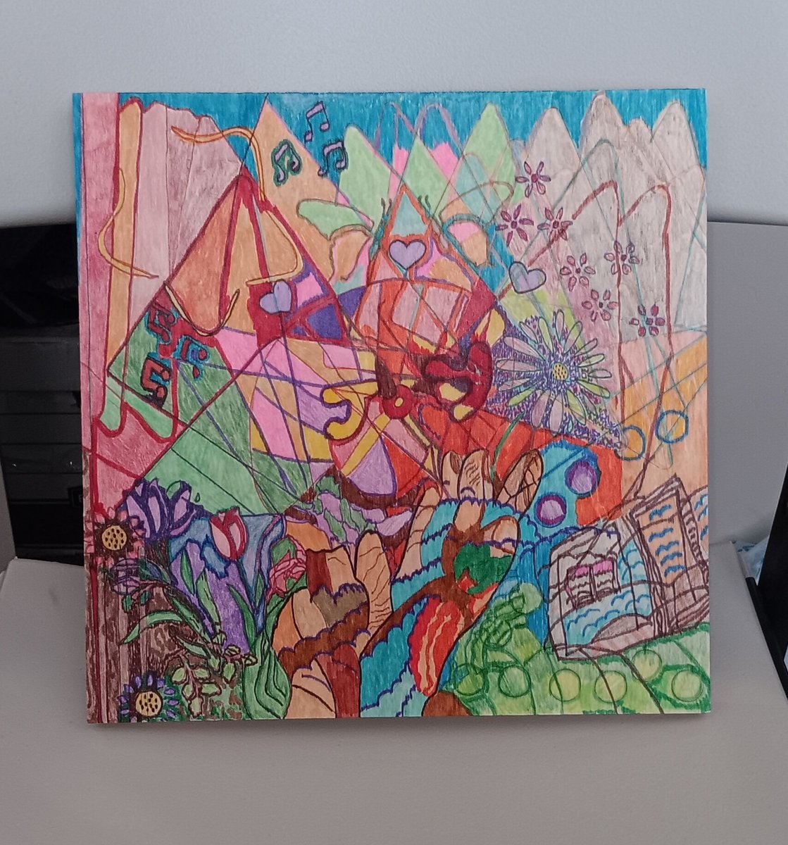 singingal's tweet photo. On this wood canvas, a story unfolds in color and form. 
A beautiful and fun process ✨️ 
💜 #artists
What do you hear in its silent tales? Share your thoughts. #ArtStories #WoodCanvas #markerart #confidence #creative #art https://t.co/b4VMWQOOlk