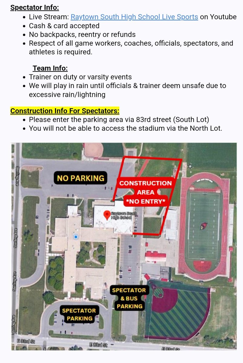 Information for tonight's game at Ray South regarding parking and gate entry.