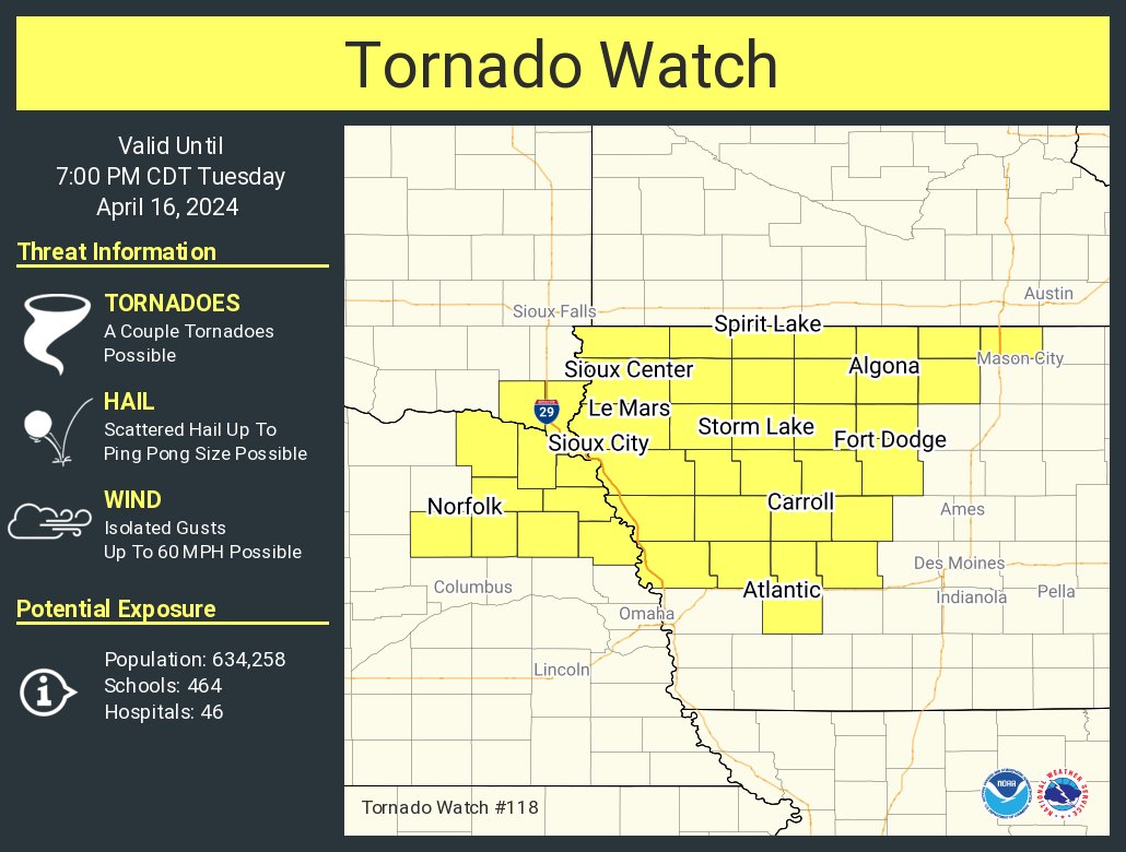 A #tornadowatch has been issued for parts of #Iowa(#IAwx), #Nebraska(#NEwx) and #SouthDakota(#SDwx) until 7 PM CDT