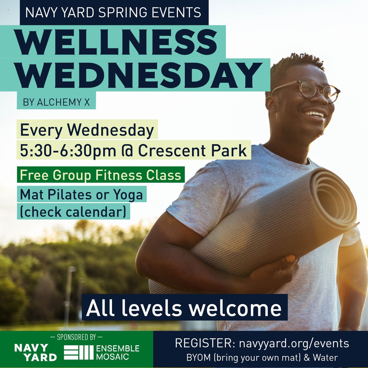 Join us every week at Crescent Park for Wellness Wednesdays with AlchemyX as they guide you on your heath and wellness journey. Classes alternate every Wednesday between Mat Pilates or Yoga, but you can't go wrong with either one. Register at bit.ly/43YKLNr