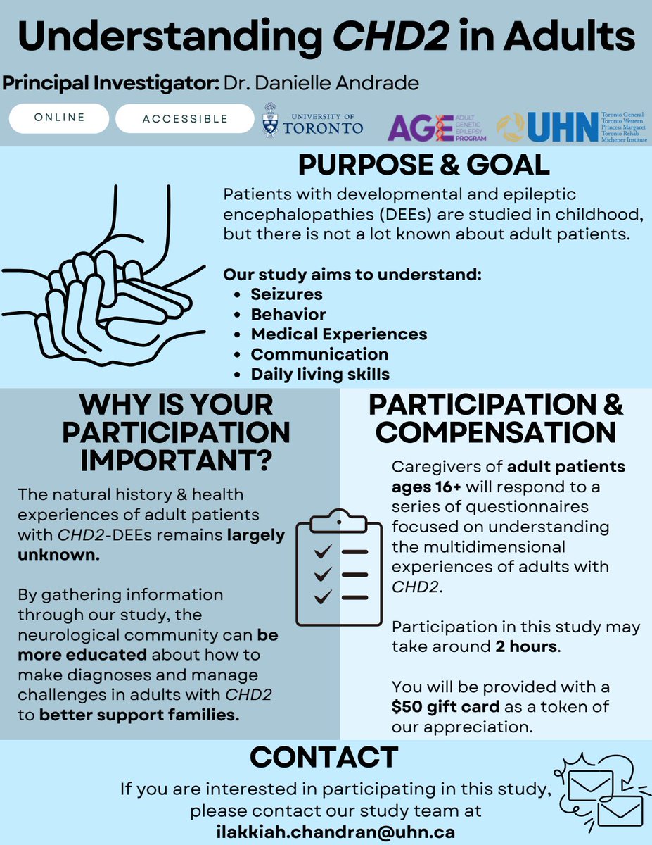 Calling all CHD2 adult patients (ages 16+): <a href="/DrDaniAndrade/">AGE Program - Adult Genetic Epilespy</a>'s lab is conducting a natural history study to help us learn more about the disorder. Please contact Ilakkiah Chandran to participate #cureCHD2