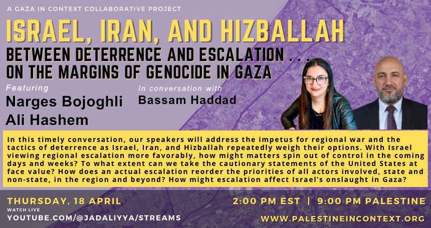 In this timely conversation, @alihashem_tv and Narges Bajoghli will address the impetus for regional war and the tactics of deterrence as Israel, Iran, and Hizballah repeatedly weigh their options, moderated by @4Bassam. With Israel viewing regional escalation more favorably,…