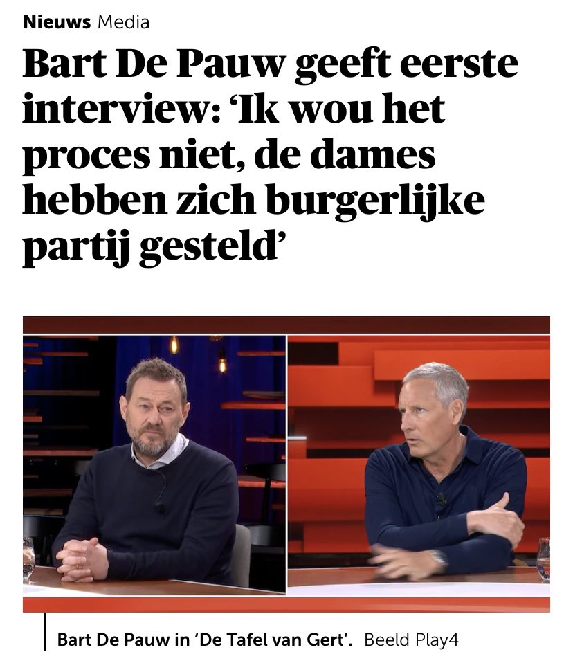 Dat Bart De Pauw een platform krijgt in #detafelvangert om zonder weerwoord gewoon zijn zegje te doen is enorm jammer.

Op televisie is er geen plaats voor iemand die anderen jarenlang belaagd en gestalkt heeft en zorgde voor een constant onveiligheidsgevoel.

Deontologie please.