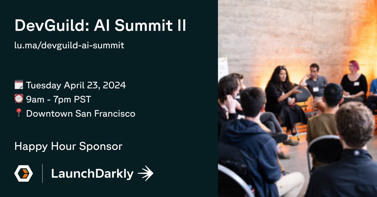 heavybit's tweet image. We can't wait to connect during our post-summit happy hour next Tuesday, sponsored by @LaunchDarkly! Make sure to stay after a day of sessions to network with folks in the AI devtools space. There's only a few spots left to participate. ⏰ lu.ma/devguild-ai-su…