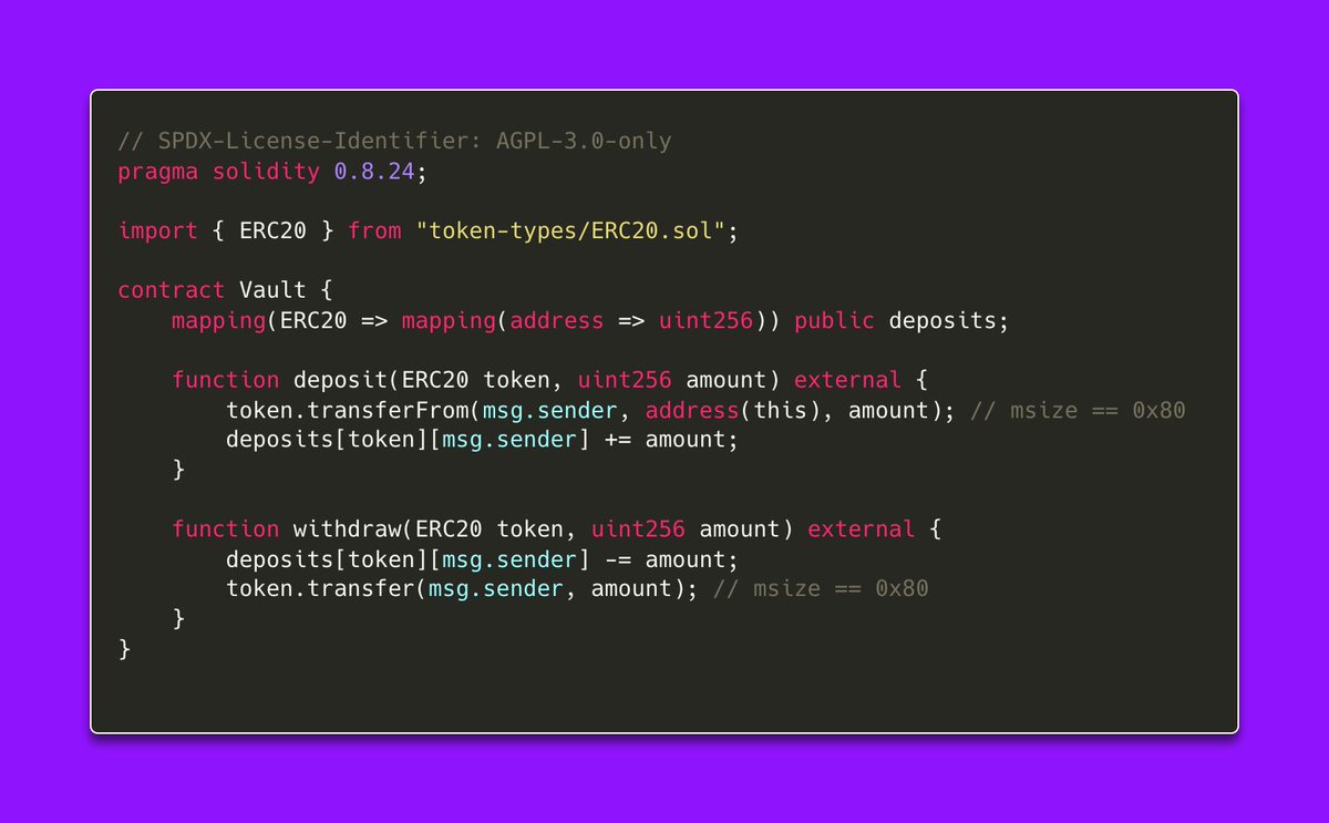 introducing: token-types 0.1.0 solidity interfaces are cool, but sometimes miss the mark on modern contract interactions. the notorious usdt's erc20 noncompliance + SafeTransferLib hell is a prime example but with custom token types you can have: - the syntax sugar of