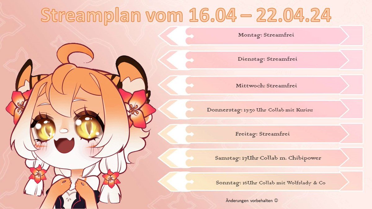 So nun endlich der Strwamplan für diese Woche mit wundervollen Collabs: <a href="/SlavikChris/">x_Kurisu_</a> m. Tiny Tinas Wobderland, <a href="/ChibipowerVT/">🩷Chibipower🩷</a> m. DbD &amp; <a href="/WolfsLady05/">Lady Tini //Commisson open</a> &amp; Co Baldurs Gate 3 😍