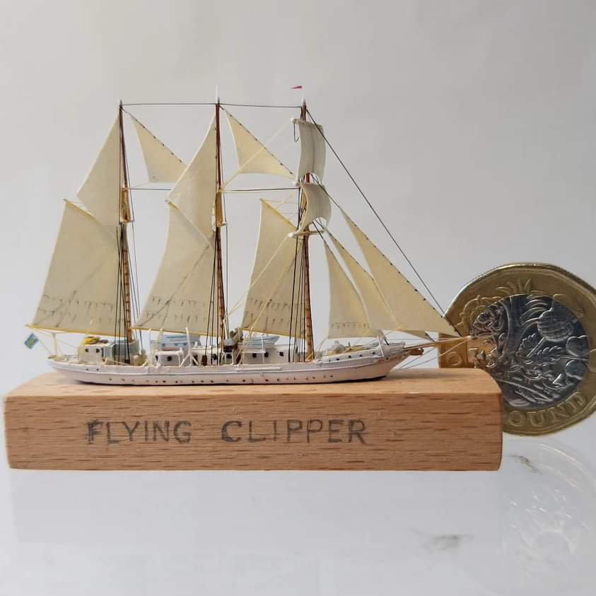 ColinMBaxter's tweet photo. I've just built another #miniature #tallship at 1/1250 for my collection . #FlyingClipper was in the first #TallShipsRace in 1956 @BPiniuta @sloop_speedy @TallShipsRaces @LRFHEC @STSDefence #modelboat @ModelBoatsMag https://t.co/DYepxthL6r