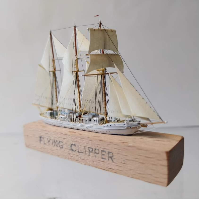 ColinMBaxter's tweet photo. I've just built another #miniature #tallship at 1/1250 for my collection . #FlyingClipper was in the first #TallShipsRace in 1956 @BPiniuta @sloop_speedy @TallShipsRaces @LRFHEC @STSDefence #modelboat @ModelBoatsMag https://t.co/DYepxthL6r