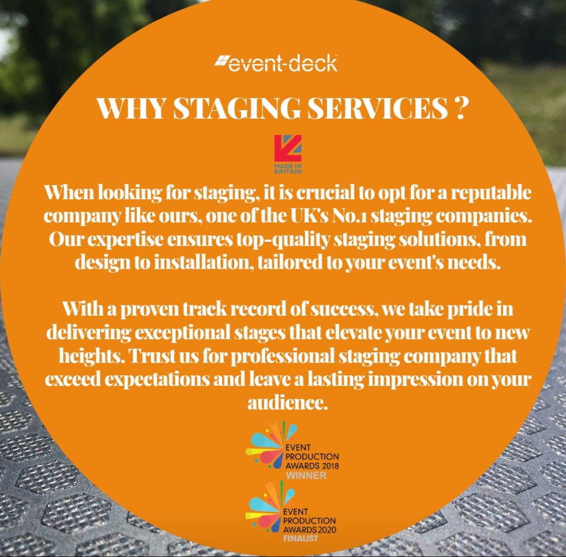 The Event-Deck system is an incredibly easy to use and versatile modular staging system arguably the best in the Uk. Event-Deck is available to hire or purchase. Get in touch with us. 
#stagehire #stagingservices #stagepurchase #stagemanufacturing #bespokestage #circularstage
