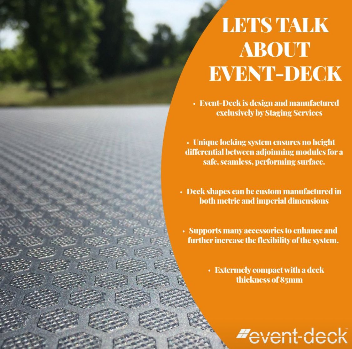 SSL_Staging's tweet photo. The Event-Deck system is an incredibly easy to use and versatile modular staging system arguably the best in the Uk. Event-Deck is available to hire or purchase. Get in touch with us. 
#stagehire #stagingservices #stagepurchase #stagemanufacturing #bespokestage #circularstage https://t.co/PeVeGjqJ6G