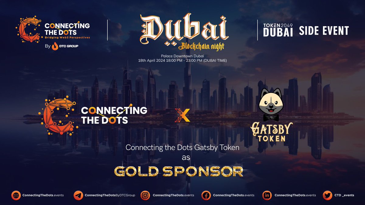 We are excited to announce that $gatsby will be the Gold Sponsor for Connecting The Dots event in Dubai on April 18th! 🐶🏅 Connect the dots event is supported by some big names like @TheSandboxGame and @tezos, So we are very honored to be a gold sponsor on this big…