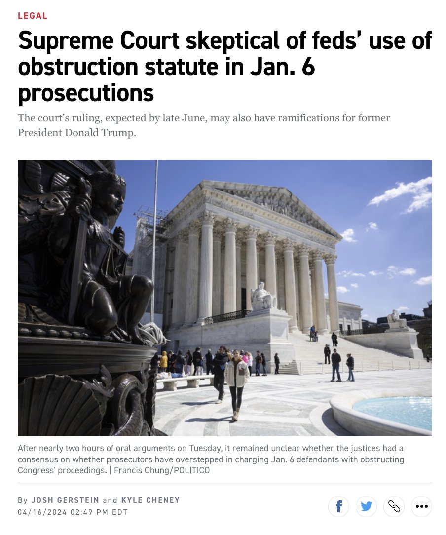 NEW: Conservative SCOTUS justices seemed skeptical of the way DOJ has deployed obstruction charges againt Jan. 6 rioters — but also pointed to a possible path that would keep those charges alive even if the court narrows the law. w/ @joshgerstein politico.com/news/2024/04/1…