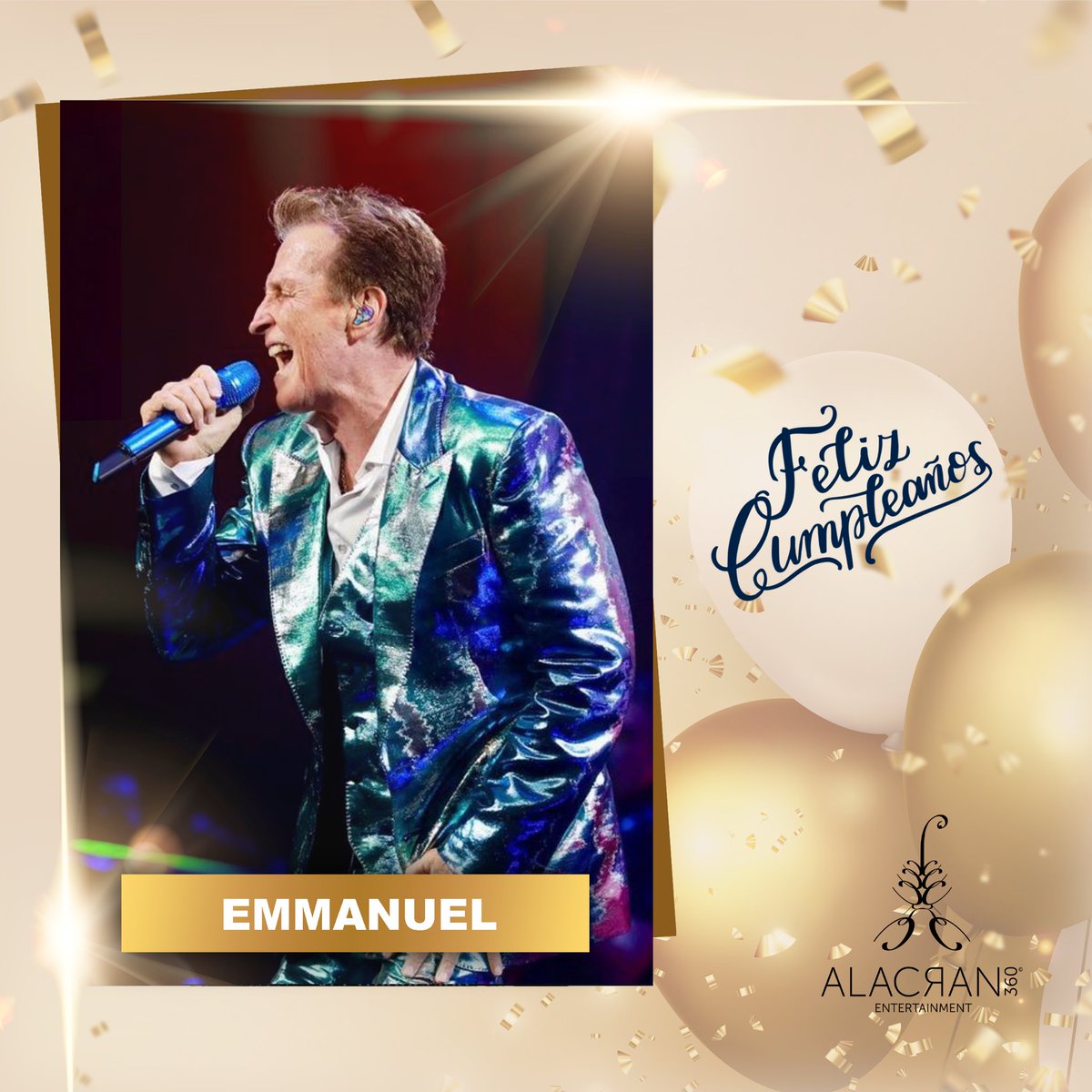 ¡Hoy estamos de fiesta! Gracias por regalarnos un año más de tu talento, voz e inolvidables canciones. ¡Feliz Cumpleaños <a href="/EmmanuelOficial/">Emmanuel</a> ! 
.
.
#FelizCumpleaños #Emmanuel #HappyBirthday #celebracion #cantante #AlacranEntertainment