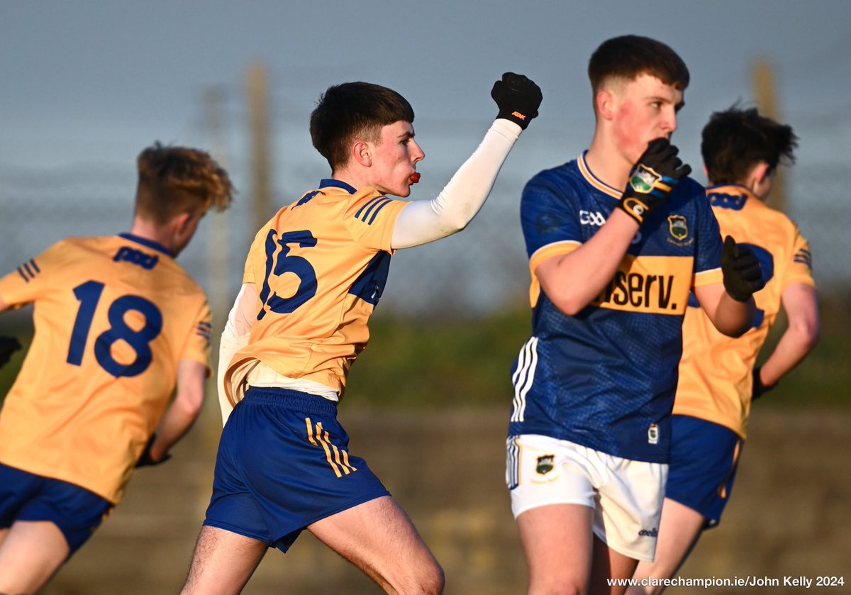 Kevin Hanley of Clare celebrates a goal during their Munster Minor Championship game at Quilty. The final score is @GaaClare 1-08, @TipperaryGAA 2-10 . Photograph by John Kelly. #GAA #whereweallbelong ⁦@MunsterGAA⁩